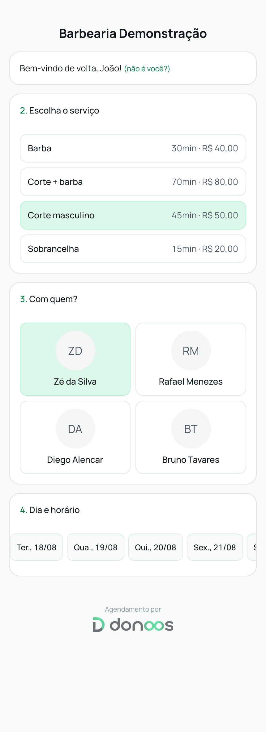 Link público de agendamento no celular: cliente escolhe serviço, profissional e horário